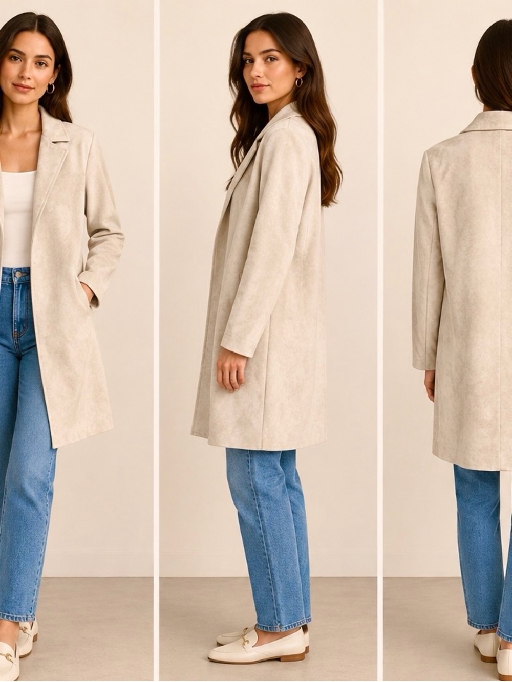 Zara Light Beige Soft Faux Suede Open Front Trench Coat